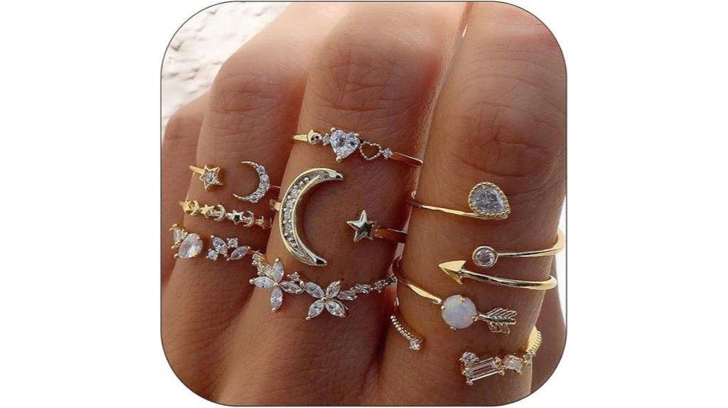 gold trendy star moon rings